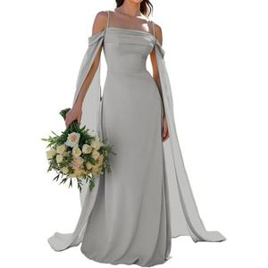 KURFACE Spaghetti Strap Chiffon Bruidsmeisjesjurken voor Vrouwen Mouwloze Cape Koude Schouder Formele Avondjurk, Zilver, 32