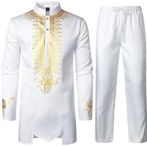 2 Stuk Pak Set voor Mannen Afrikaans Tribal Kleding Lange Mouwen Top en Broek Outfits Dashiki Shirt Trainingspak (Color : White, Size : L)