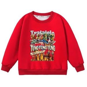 MAOXITCATY Kindertrui met lange mouwen, jongenssweater met bedrukt tungtungsahur en ronde hals voor lente en herfst,Rood,110cm