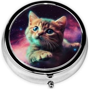 Galaxy Cat Baby Print Pillendoos Ronde Metalen Pil Case 3 Compartiment Leuke Draagbare Reizen Pillendoos Mini Geneeskunde Opbergdoos voor Pocket Purse