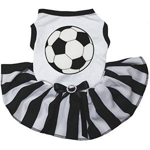 Petitebelle Puppy hond kleding voetbal thema wit shirt zwart gestreepte jurk, X-Large, Wit, Zwart