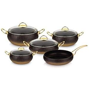 OMS Cookware 9-delige niet-stick graniet koper set glazen deksels zwart gouden braadpan pan - essentieel, potten en pannen set - gemaakt in Turkije