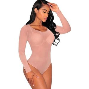 BKEPDY Bodysuit voor dames, lange mouwen, doorschijnend mesh, sexy damesbody, tops, elegant, ronde hals, stretch, smal bovenstuk, onderbody jumpsuit voor vrouwen, beige, M