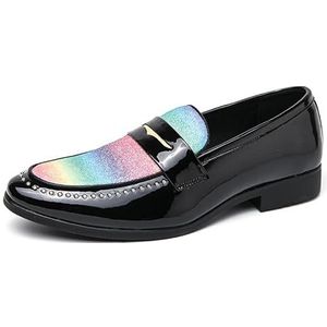 Geklede schoenen voor heren Instapper met puntige neus Tweekleurige kunstleren studs Decoratie Schort Teen Penny Loafer Rubberen zoolbestendige antislip blokhak(Colorful,39 EU)