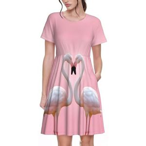Zomerjurken voor dames, flamingo's op wit, 3D-print, ronde hals, casual T-shirt, korte mouwen, losse strandjurk met zakken, 3 D, S