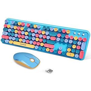 FOPETT 2,4 GHz draadloos toetsenbord en muis set met schakelknop - toetsenbord op volledige grootte - compatibel voor Windows/laptop/pc/notebook/smart-tv en meer - blauw kleurrijk