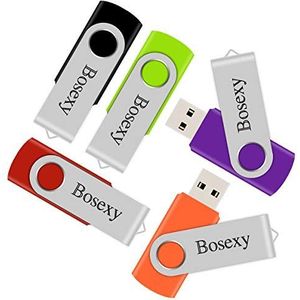 5 x 2 GB USB-flashdrive, Bosexy Thumb Drive Memory Stick Swivel Sleutelhanger Ontwerp met Led Indicator, Zwart/Groen/Rood/Oranje/Paars (5 stuks, 2 GB elk, Mix Kleur)