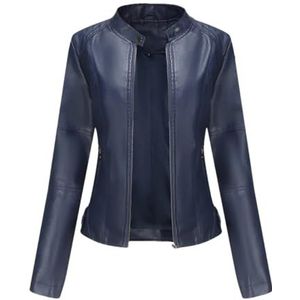 Dvbfufv Vrouwen Jassen Herfst Winter Vrouwen Mode Casual Lange Mouwen Biker Lederen Jas Vrouw Straat Kleding, Donkerblauw, L