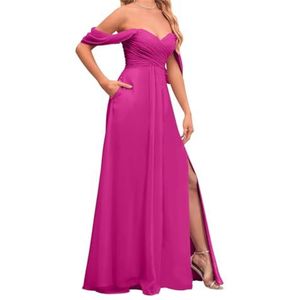 Off-shoulder bruidsmeisjesjurk, chiffon, baljurk, A-lijn, avondjurk, feestjurk met zakken voor dames, roze (hot pink), 56 NL/Plus