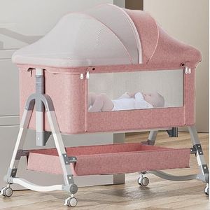 3-in-1 babymand, schommelstoel, nachtkastje, verstelbaar, schommelbed, nachtkastje met matras, opbergmand en muggennet, draagbaar bed (kleur: roze)