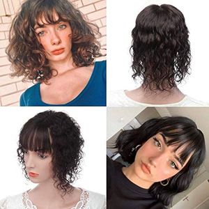 Menselijk Haar Een Stuk Clip in Topper Nette Rechte Pony Midden Deel Haarstukje 25cm, Krullend, Bruin