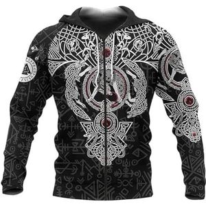 Heren Viking Armor Totem Hoodie, Middeleeuws Walhalla Noordse Keltische Wolf 3D Rune Tattoo Print Rits Jas, Heidense Lente en Herfst Buitensport Jas(Viking C,4XL)