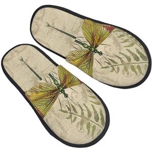 BONDIJ libelle libellen vintage print slippers zachte pluche huis slippers warme instappers gezellige indoor outdoor slippers voor vrouwen, Zwart, one size