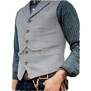 Ceehuteey Heren pak vest tweed retro V-hals wol visgraat voor prom, ZILVER, M
