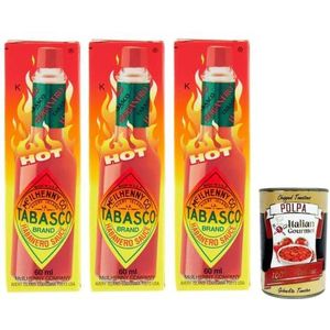 3 x Tabasco Habanero-sauzen, voor de scherpste tabasco-sauzen worden Habanero-chilis verwerkt, 60 ml + Italiaanse gourmet Polpa di Pomodoro 400 g blik