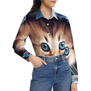 Schattige kat in jeans damesshirt met lange mouwen en knoopsluiting casual werkshirts tops M