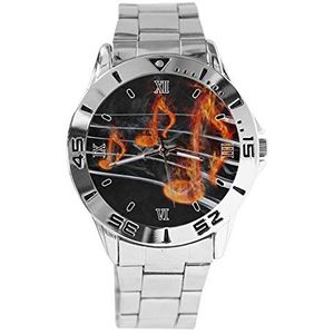 Vuur Muziek Opmerking Mode Heren Horloges Sport Horloge Voor Vrouwen Casual Rvs Band Analoge Quartz Polshorloge, Zilver, armband