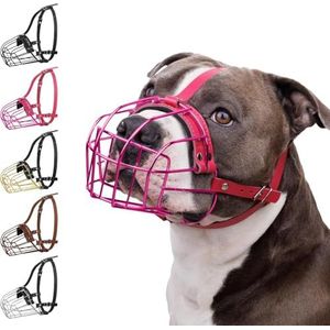 BRONZEDOG Pitbull metalen masker voor honden, Amstaff, draadmand, pitbull, verstelbare lederen banden voor grote honden (roze)
