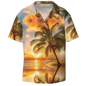 TyEdee Tropical Beach Palm Tree Sunset1 Print Heren Korte Mouw Jurk Shirts met Zak Casual Button Down Shirts Business Shirt, Zwart, XXL