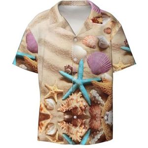 Shells On The Beach Print Overhemden met korte mouwen voor heren, met zak, casual overhemd met knopen, Zwart, L
