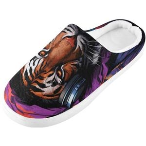 KAAVIYO Coole Muziek Tijger Cartoon Blauwe Raket Outdoor Slippers Katoen Huisschoenen Winter Antislip Fuzzy Voeten Slippers voor Indoor Mannen Vrouwen Meisje, Patroon, XX-Large