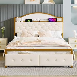Idemon Vlak bed, ijzeren frame, ingebouwd opbergvak in het hoofdeinde, USB-stopcontact, dubbele laden aan het einde van het bed, goud (140 x 200 cm)