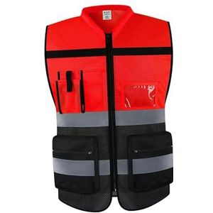 Generic Reflecterend vest met ritssluiting, werkkleding voor wandelen, fietsen, wandelen, fietsen, Rood Zwart 3XL