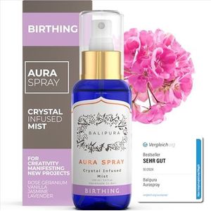 Balipura ‘’ Geboorte ’’ Aura Spray - Met helende Kristallen, Amethist, Rozenkwarts, Maansteen Edelstenen - Met Essentiële Oliën van Pure Organische Lavendel en Vanille - Handgemaakt in Bali - 100ml
