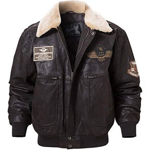 FLAVOR Echt leren bomberjack voor heren met afneembare bontkraag (XXL, Donker Bruin)