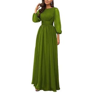 KURFACE Bruidsmeisjesjurken met lange mouwen, geplooide ronde hals, chiffon, bruidsmeisje, formele avondjurk, Olijfgroen, 32