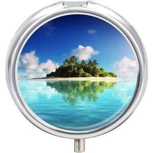 Beautiful Island in The Sea Pillendoos voor Pocket Ronde Pillendoos 3 Compartiment Decoratieve Draagbare Reizen Pillenhouder Tablet Vitamine Organizer Mini Pillendoosje