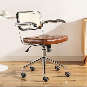 Moderne Thuiskantoorstoel, PU-Lederen Gestoffeerde Bureaustoel, Verstelbare Draaibare Computerstoel Met Rotan Middenrugondersteuning, Ergonomische Studeerstoel, Retro Fauteuil,Bruin