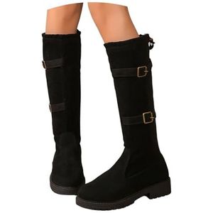 Retro Hoge Laarzen Elegante Lange Boots for Dames Met Gesp, Winter Warme Instapschoenen Suède Rijlaarzen Antislip Rubberen Laarzen Met Platform for Buiten(43 EU)