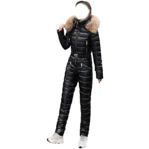 Waterdicht Skipak for Dames, Winterse Eendelige Sneeuwpak Met Bontkraag, Capuchon en Winddichte Isolatie(Black,XXL)