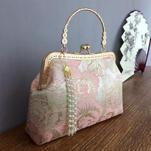 Daimei's originele culturele en creatieve nationale trend Chinese oude stijl stof retro cheongsam tas cadeau dames draagbare crossbody tas (Color : Pink gold rose)