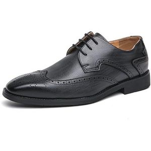 Oxford schoenen for heren met veters, vierkante neus, kunstleer, brogue, reliëf, vleugeltip, derby schoenen, lage blokhak, rubberen zool, bruiloft(Color:Black,Size:45 EU)