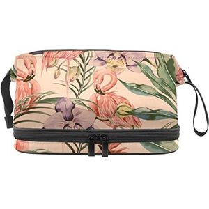 Multifunctionele opslag reizen cosmetische tas met handvat,Vintage roze flamingo bloemen,Grote capaciteit reizen cosmetische tas, Meerkleurig, 27x15x14 cm/10.6x5.9x5.5 in