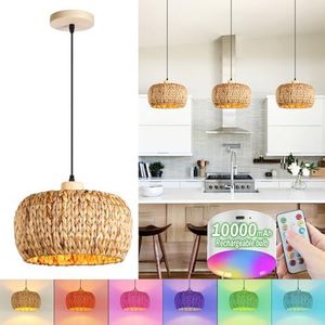 Boho rotan E27 hanglamp met batterij indoor vintage bamboe hanglamp dimbaar met afstandsbediening hanglamp met RGB oplaadbare gloeilampen voor eetkamer, geen bedrading nodig