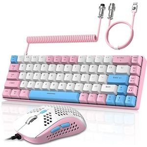 YINDIAO T8 60% RGB Gaming Toetsenbord en Muis Combinaties + Opgerolde USB C Kabel,Bedraad Mechanisch Toetsenbord,68 Toetsen,US Layout,Honingraat Gaming Muis,Tot 6400 DPI,voor PC PS5, Roze