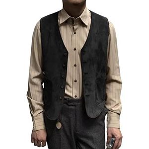 AeoTeokey Mannen Suede Lederen Pak Vest Vintage Klassieke Stijl Zachte Western Cowboy Vest, Zwart, XXL