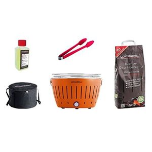 LotusGrill Starterset Classic 1 x Grill Mandarijnoranje met USB-aansluiting, 1 x beukenhoutskool 2,5 kg, 1 x brandpasta 200 ml, 1 x worsttang (kleur naar voorraad), 1 x transportdraagtas