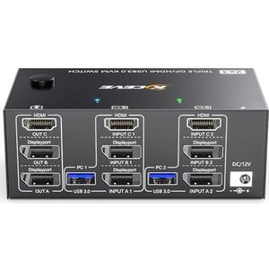 KVM Switch 2 PC 3 Monitoren 8K@60Hz 4K@144Hz, HDMI + 2 Displayport Triple Monitor KVM Switch 2 PC Delen 3 Monitor en 4 USB 3.0 Poorten, Inbegrepen 12V Voeding, Bekabelde Afstandsbediening en 5 Kabels