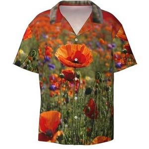 EdWal Poppy Bloemen Print Heren Korte Mouw Button Down Shirts Casual Losse Fit Zomer Strand Shirts Heren Jurk Shirts, Zwart, XL