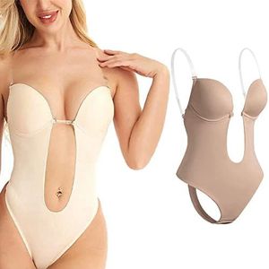 Invishaper - Plunge Backless Body Shaper-bh,sexy naadloze string met volledige bodysuits,doorzichtige feestjurk Onzichtbare bh's voor dames (2XL, Beige)