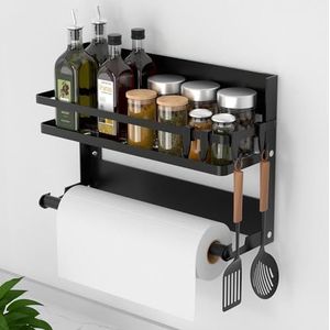 DUNSOO Kruidenrek voor aan de muur met keukenrolhouder en 4 haken, keukenrek zonder boren, van roestvrij staal, hangend wandrek voor keuken en badkamer, organizer, zwart