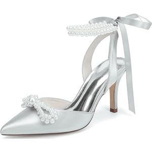KYEGLO Satijnen Afstudeerschoenen Voor Dames Met Parelstrik, Puntige Neus, Hoge Hak En Parelriempje Om De Enkel, Perfect Voor Bruiloften En Schoolfeesten,Zilver,36