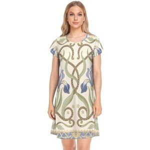 Nexawaveo Paars Iris Groen Beige Dames Nachtkleding Nachtkleding Slaap Shirt Korte Mouw Nachtshirts S-XXL, Paars Iris Groen Beige-1, L