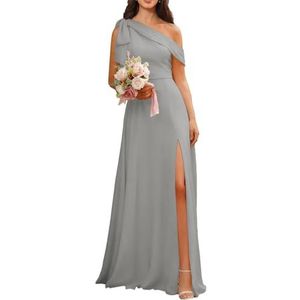 KURFACE Damesjurk met één schouder, chiffon, bruidsmeisjesjurk met split, mouwloos, lang, formele jurk, avondfeestjurk, Zilver, 32