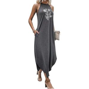 jurken voor dames Tankjurk met bloemenprint en gebogen zoom - donkergrijs, casual, mouwloos, lang, normale pasvorm (Color : Dark Grey, Size : L)
