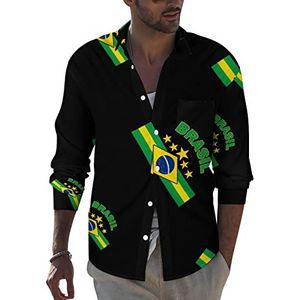 Brazilië vlag heren revers shirt lange mouw button down print blouse zomer zak T-shirts tops XL